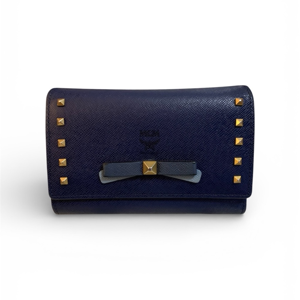 MCM Blue Studded compact Trifold Wallet